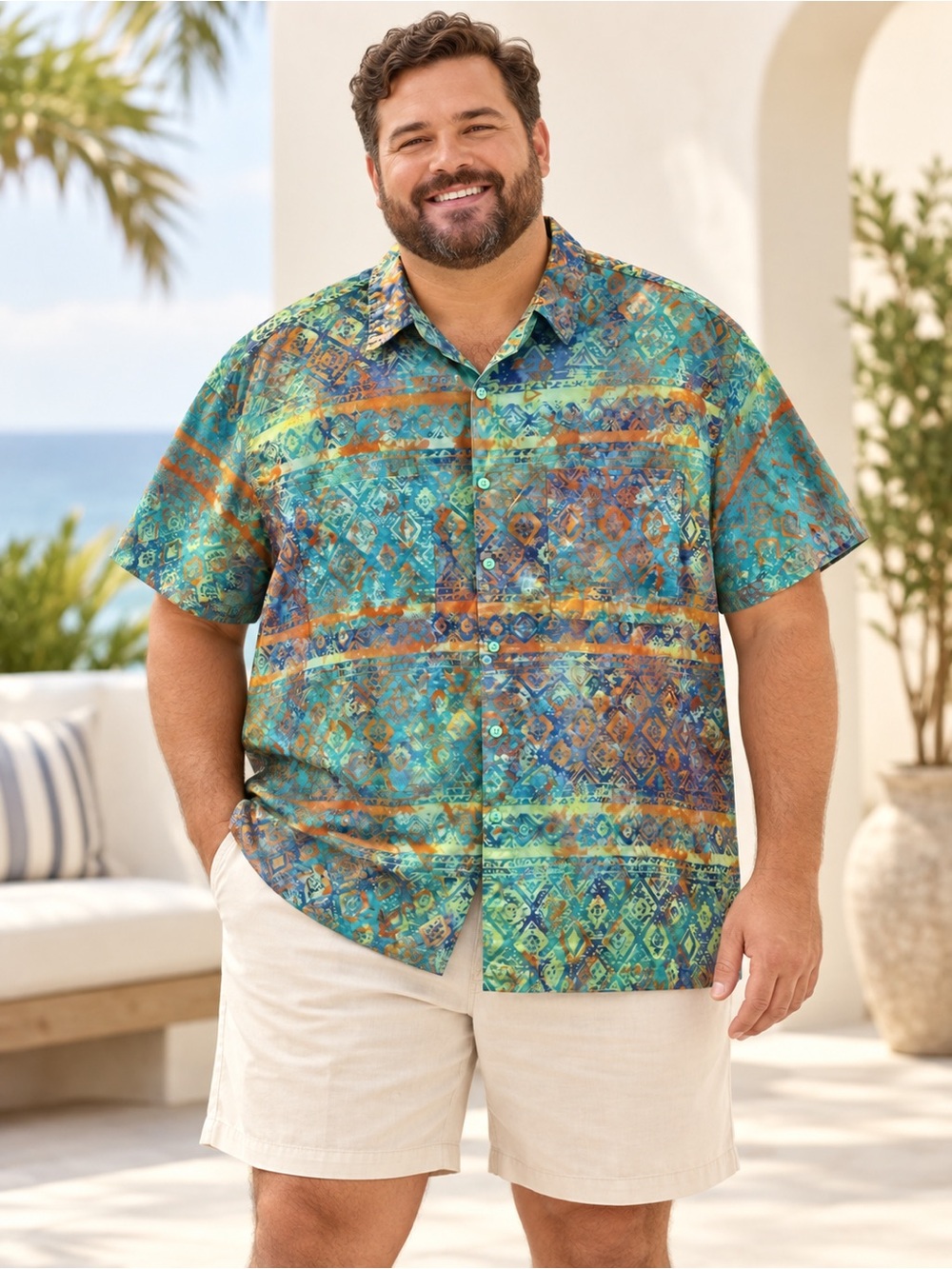 Rum Reggae Men’s 1X Cotton Batik Geometric Hawaiian Shirt